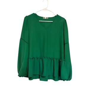 Pleione Green V-Neck Peplum Blouse Long Puff Sleeve Crochet Trim Top Medium
